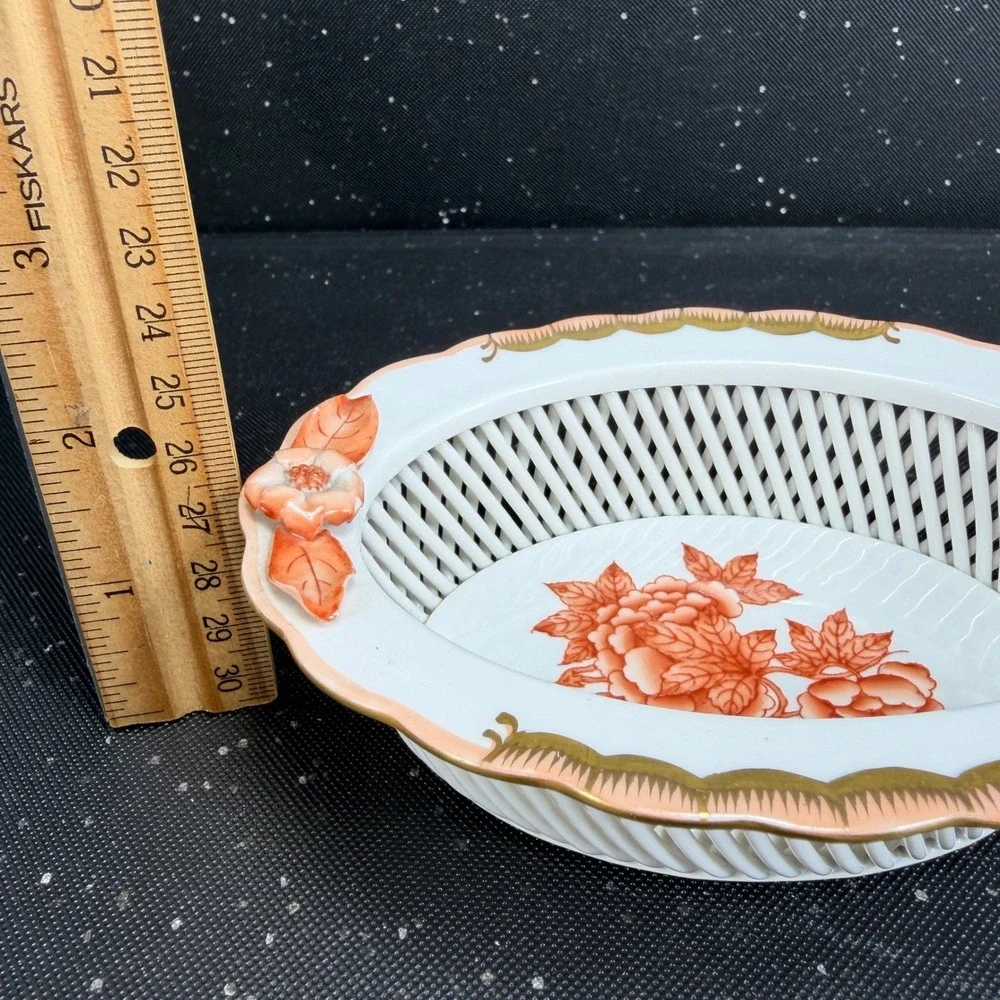 Herend Hungary Hand Painted Rust Floral Reticulated Porcelain Weave Basket Dish